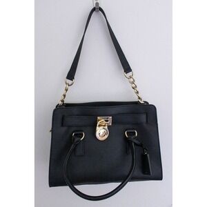 Michael Kors Hamilton East West Satchel Handbag Black Saffiano Leather Gold Tone